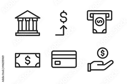 Collection of vector icons representing financial concepts including bank, cash, and payment methods in a minimalistic style