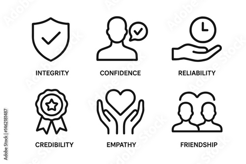 Illustration of essential values such as integrity, confidence, and empathy represented by simple icons in a clean design