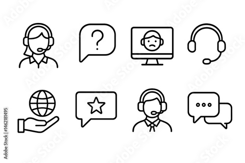 Vector illustration of customer support icons depicting communication, technology, and global connectivity