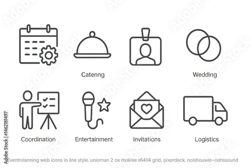 Event planning web icons in vector illustration style featuring wedding, logistics, and coordination elements for efficient organization