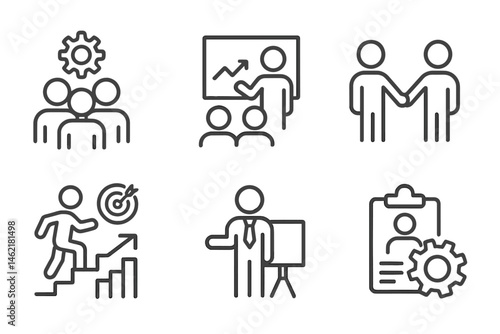 Vector illustration of business icons representing teamwork, coaching, goal setting, and professional development activities