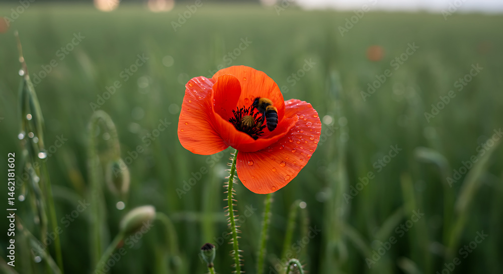 Obraz premium Poppy Flower with Bee in Meadow at Dusk with Dew Drops