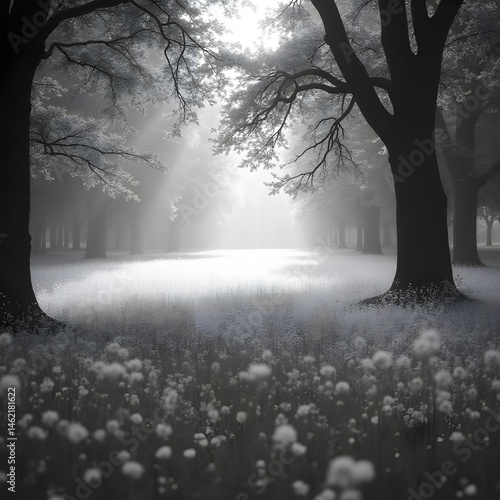 Mystical Black and White Forest Path with Dandelion Field