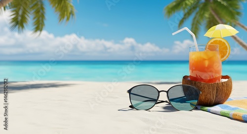 Tropical beach scene with sunglasses and a refreshing cocktail.