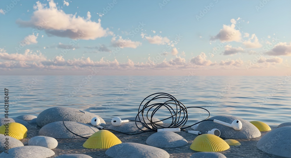 Wireless earbuds rest on smooth stones by the tranquil ocean at sunset. Serene beach scene.