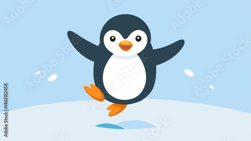Excited Leap A joyful penguin midwaddle caught in a moment of excitement as it leaps into the air with flippers spread wide. The background features soft blue and white gradient