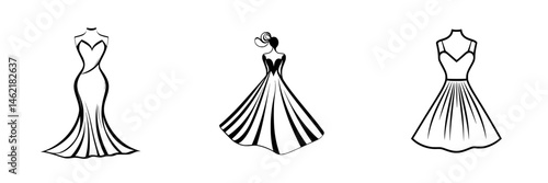 Stylish vector illustration of three elegant dress designs showcasing modern fashion trends and artistic flair