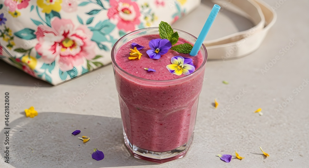 Refreshing berry smoothie garnished with edible flowers. Perfect summer treat!