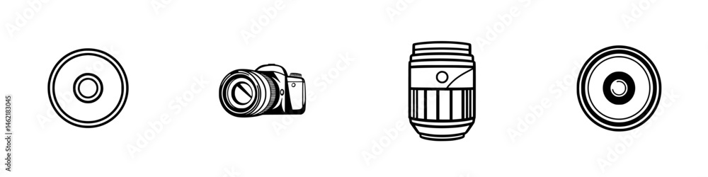 Vector illustration icon set depicting camera lens, camera body, and lens barrel in minimalist design style for photography enthusiasts Vector illustration icon set depicting camera lens, camera body, and lens barrel in minimalist design style for photography enthusiasts