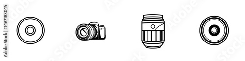 Vector illustration icon set depicting camera lens, camera body, and lens barrel in minimalist design style for photography enthusiasts