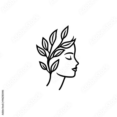 Elegant vector illustration of a woman's profile adorned with leaves symbolizing nature and tranquility