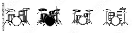 Vector illustration of various drum set designs showcasing different styles and configurations