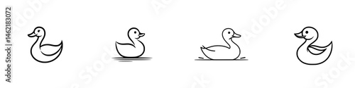 Vector illustration of four playful duck icons in various poses floating on water surfaces