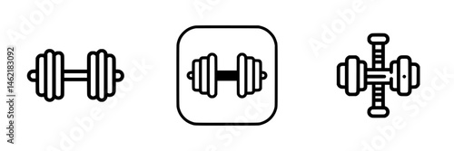 Vector illustration of three dumbbell icons showcasing different designs for fitness and gym activities