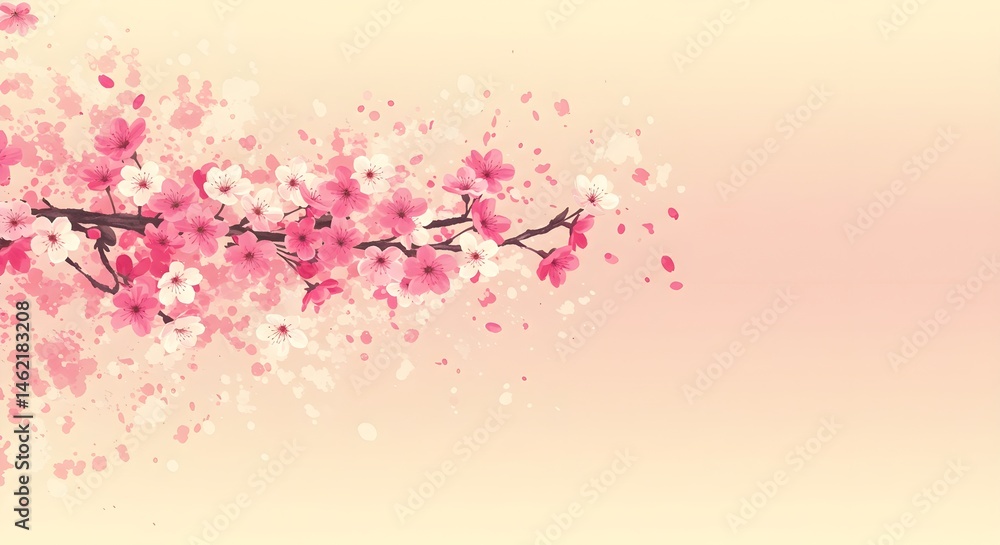 Delicate pink cherry blossoms on a branch, petals gently falling. Springtime beauty.