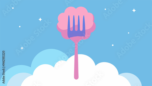 Fork and Fluff A giant fork painted in bright colors dramatically lifts a large fluffy cumulus cloud to its prongs ready to taste the sky. The background features soft gradients of