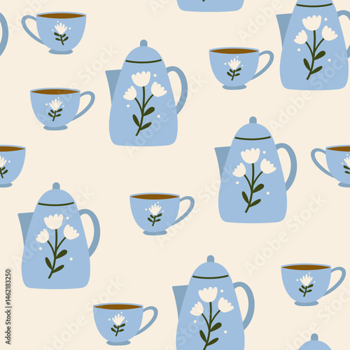 Seamless pattern with teapot and mug. Flat graphic tea vector illustration. Cartoon ceramic teapot and mug. Hot drink, cozy morning composition, tea party.