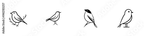 Vector illustration icons of various birds perched on branches in a minimalistic style