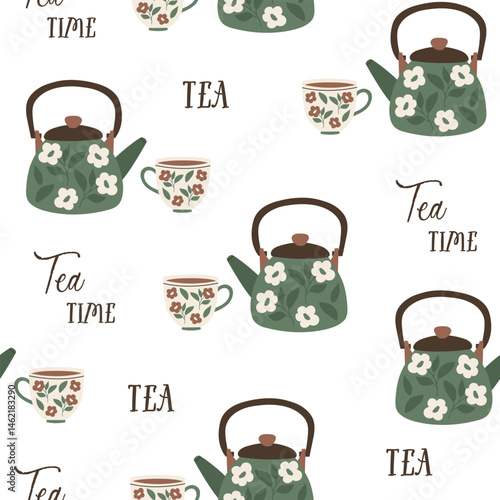 Seamless pattern with teapot and mug. Flat graphic tea vector illustration. Cartoon ceramic teapot and mug. Hot drink, cozy morning composition, tea party.