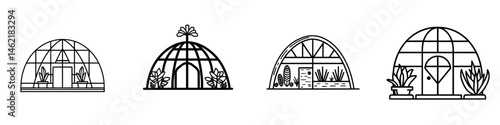 Vector illustration icons of various greenhouse designs showcasing unique structures and plant arrangements throughout different styles