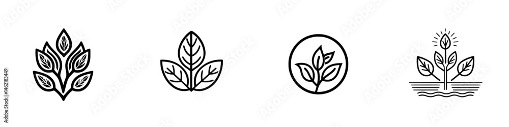 Fototapeta premium Vector illustration icons depicting various leaf and plant designs showcasing nature themes for graphic use