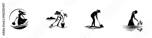 Creative vector illustration depicting women engaged in various gardening and fishing activities near the water