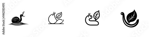 Vector illustration of four distinct snail icons featuring leaves, symbolizing nature and growth in a minimalist style