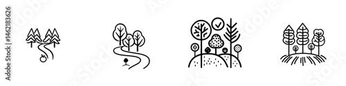 Vector illustration of a nature pathway with trees and landscapes in various styles showing outdoor serenity and tranquility