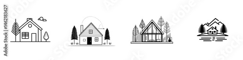 Vector illustration of four distinct house designs showcasing various architectural styles and natural elements