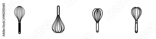 Collection of vector illustrations featuring kitchen whisks in different styles and designs for culinary use and decoration