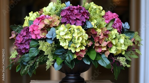 Vibrant Hydrangea Flower Arrangement in Urn Vase