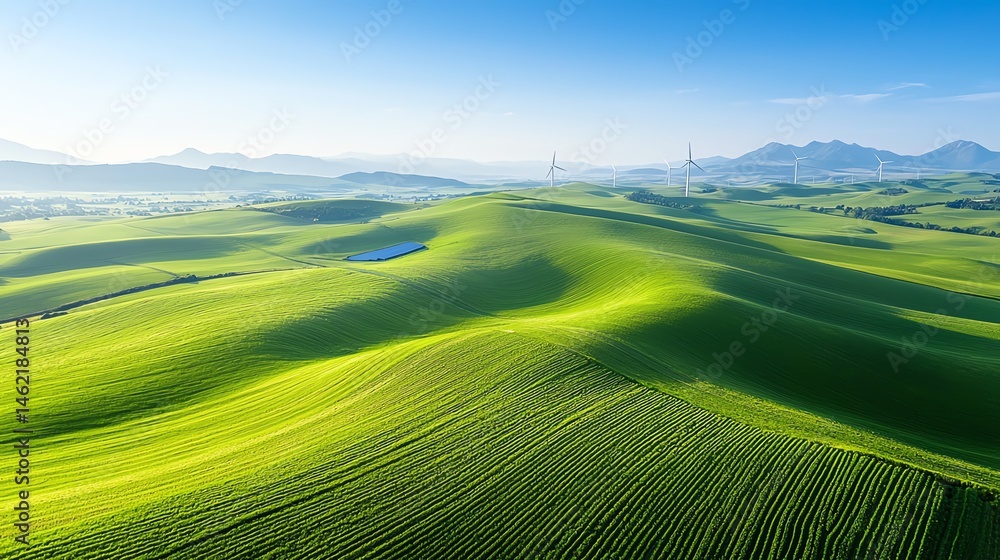 Fototapeta premium A breathtaking view of lush green hills and rolling landscapes under a clear blue sky, showcasing nature's beauty and tranquility. Ideal for nature lovers and peaceful scenery.