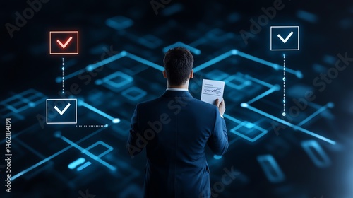 A business professional examines a document while analyzing digital data flow and decision-making processes in a modern environment, symbolizing technology and innovation.