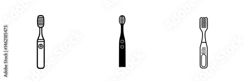 Vector illustration of three different styles of toothbrushes in black and white color scheme