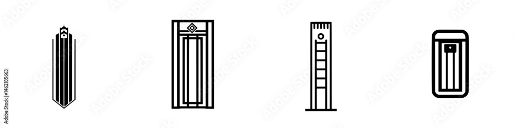 Vector illustrations of various elevator designs showcasing modern and vintage styles for architectural projects