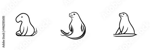 Vector illustration icons of playful sea creatures featuring a walrus, seal, and playful seal character in various poses