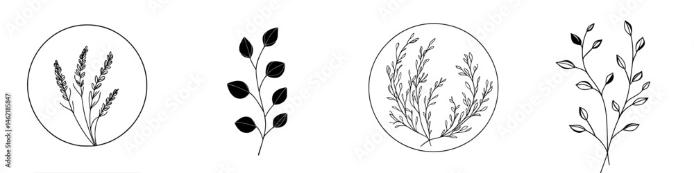 Vector illustration icons of various botanical elements featuring leaves and lavender in circular designs Vector illustration icons of various botanical elements featuring leaves and lavender in circular designs