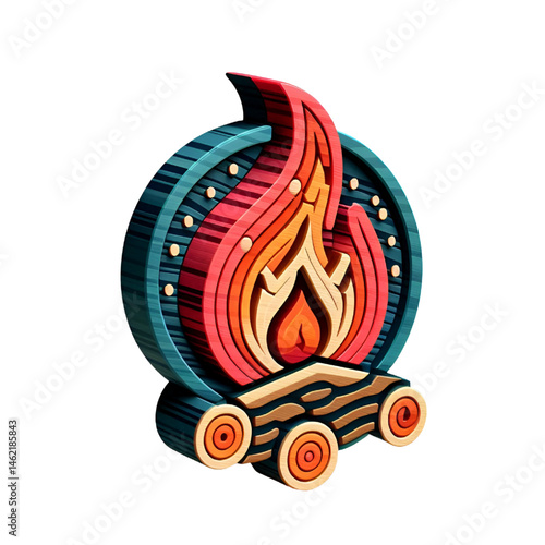 3D colorful fire icon with wooden texture isolated on white background