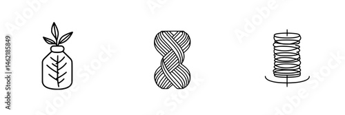 Vector illustration featuring a plant bottle, yarn ball, and spool of thread on a clean background