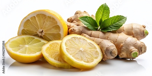 Fresh Ginger Root, Lemon & Ginger Pieces Isolated on White Background - Healthy Ingredients