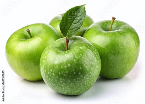Fresh Granny Smith Apples with Leaves – Isolated on White Background