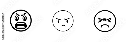 Vector illustration of three expressive face icons showing anger, discontent, and frustration in black and white design