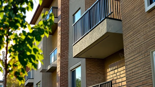 Modern apartment building with balconies, sunbeams