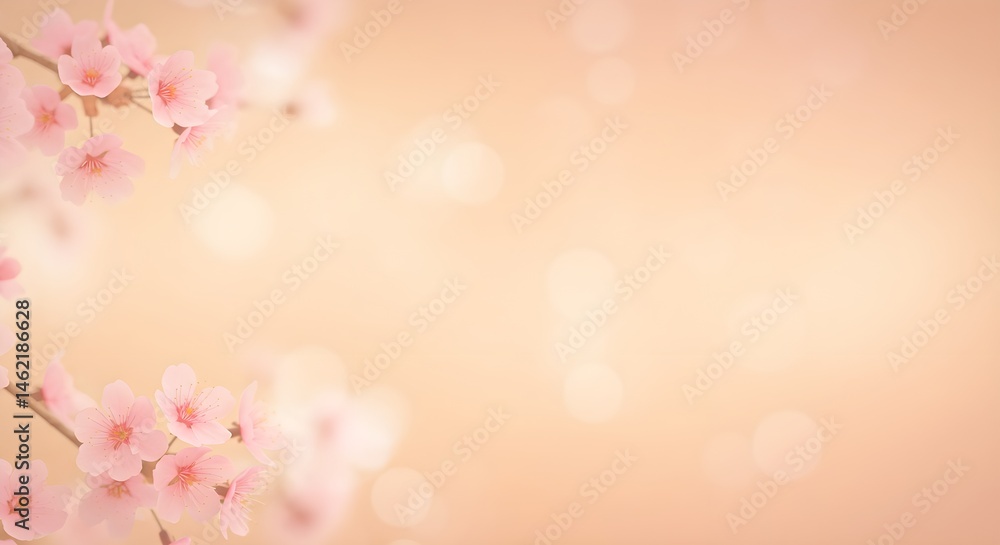 Delicate pink cherry blossoms against a soft, peach-colored background. Springtime beauty.