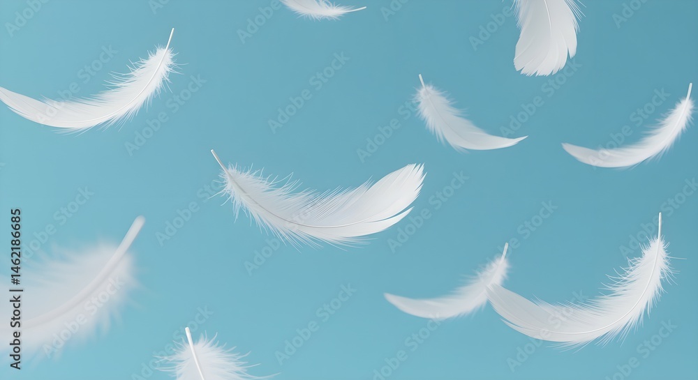 White feathers float gently against a serene blue backdrop, evoking peace and tranquility.