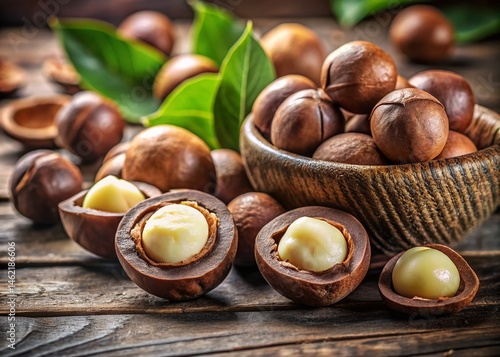 Fresh Harvested Macadamia Nuts in Shell and Kernels - High-Resolution Stock Photo