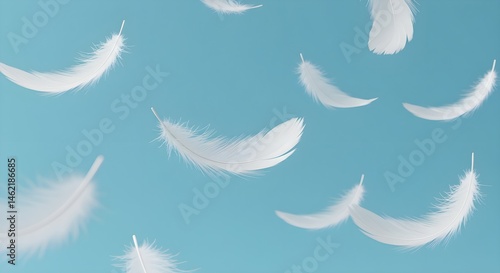 Obraz na płótnie White feathers float gently against a serene blue backdrop, evoking peace and tranquility. w salonie
