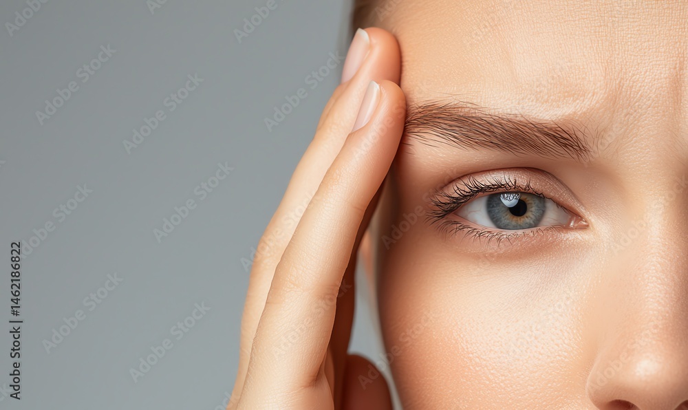 A close-up image of a woman's face showing a contemplative expression, with her fingers on her forehead. This portrays feelings of stress, concern, or deep thought.