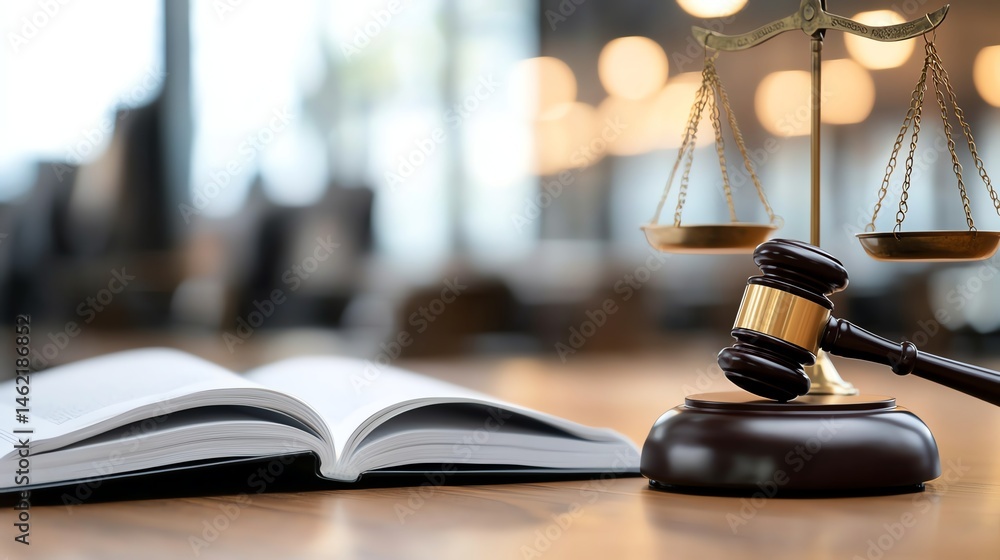 A close-up of a gavel and scales on a wooden desk beside an open law book. The background features blurred lights, conveying a professional atmosphere in a legal setting.