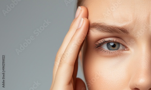 Obraz na płótnie A close-up image of a woman's face showing a contemplative expression, with her fingers on her forehead. This portrays feelings of stress, concern, or deep thought. w salonie